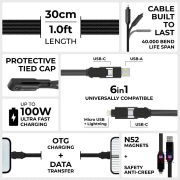 inCharge® XL 30cm / 1ft - 100W, 6in1 travel cable - Urban Black - Black woven travel cable with USB-C, USB-A, Micro USB, Lightning, and USB-C connectors, 30cm long with protective tied cap. - Rolling Square